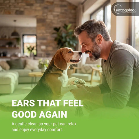 Man smiling with beagle dog, promoting Gentle Ear Cleaning Solution For Cats And Dogs, Easy To Use Drops That Remove Dirt And Debris