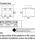 Technical diagram of 2 Axis Moving Table for Laser Marking, 210x150x75 mm, aluminum alloy, showing dimensions and screw sizes.