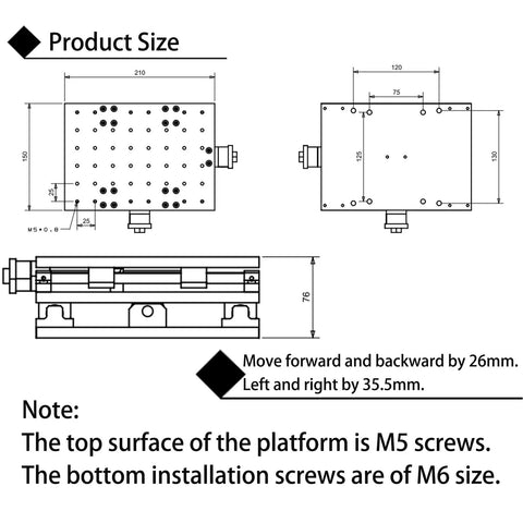 Technical diagram of 2 Axis Moving Table for Laser Marking, 210x150x75 mm, aluminum alloy, showing dimensions and screw sizes.