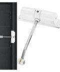 Gate Opener Kit With Universal Extension Spring Door Closer And Automatic Gate Lock Heavy Duty Aluminum Alloy Construction Soft Closing Action For Garden Screens And Fences No Fuss Install White Finish, showing a white body and silver arm on a black door.