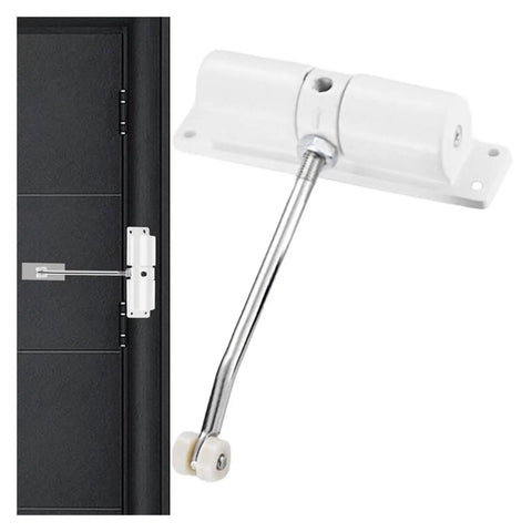 Gate Opener Kit With Universal Extension Spring Door Closer And Automatic Gate Lock Heavy Duty Aluminum Alloy Construction Soft Closing Action For Garden Screens And Fences No Fuss Install White Finish, showing a white body and silver arm on a black door.