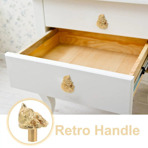 Dope Cat Shaped Brass Cabinet Door Knob With Smooth Finish on white drawer, Vintage Gold Cabinet Pull for decor