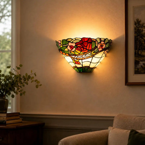 Rose Flower Tiffany Style Stained Glass Wall Sconce Lamp 12 Inch Wide Handmade Home Decor With Warm Glow, E12 Socket, 60W Bulb Not Included