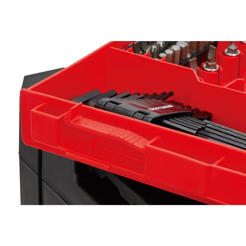 Close-up of 230 Piece Hand Tool And Socket Set With 3 Drawer Tool Box For Auto Repair And Home Projects, showing hex keys in red tray