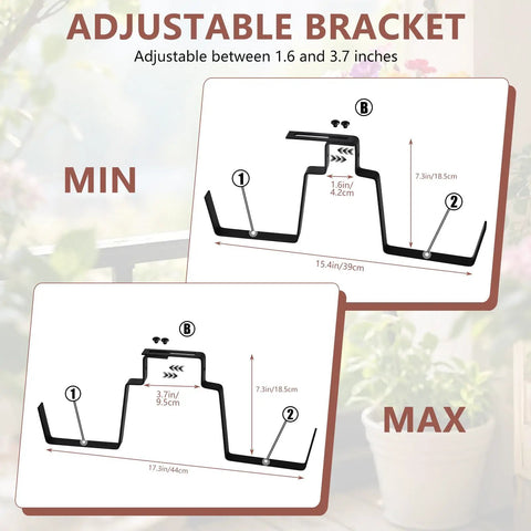 Adjustable bracket dimensions for Pretty Cool Set Of Two Deck Railing Planters With No Sweat Hanging System for balcony use.