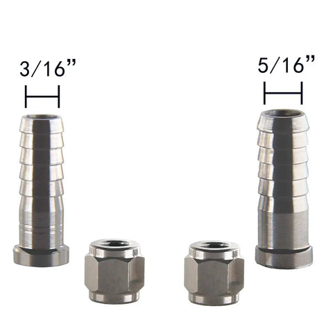 High Grade 304 Stainless Swivel Flare Nuts Match Ball Lock Or Pin Lock Keg Fittings with 3/16" and 5/16" barbs.