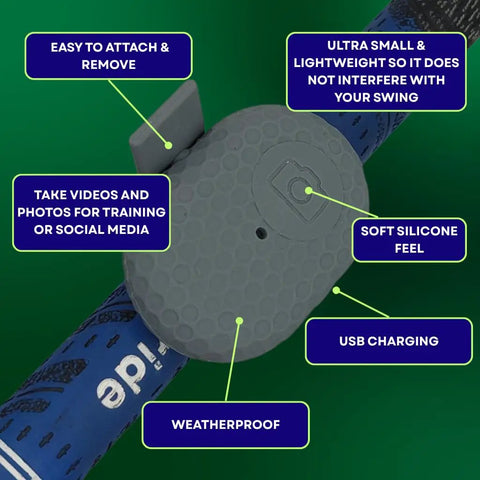 Hands Free Golf Swing Recorder attached to golf club grip, showing features like USB charging, silicone feel, and weatherproof design