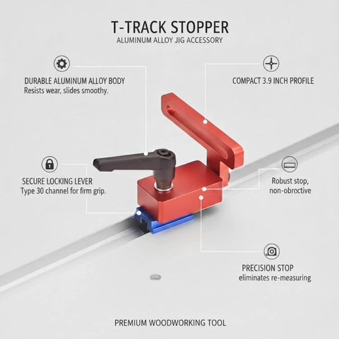 One Pack Aluminum T Track Stopper For Router Table And Table Saw with locking lever and durable aluminum body, compact design.