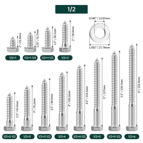 Half Inch By One And Half Inch Hex Head Lag Screws With Flat Washers, 304 Stainless Steel 18 8 Full Thread Deck Screws