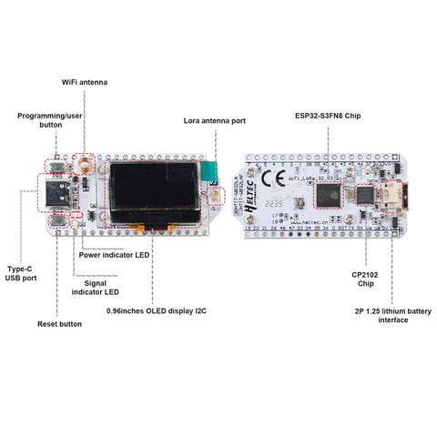 Beast IoT Dev Board With WiFi LoRa And BLE For 915MHz And 868MHz, showing Type C USB, OLED display, ESP32 core, antenna ports.
