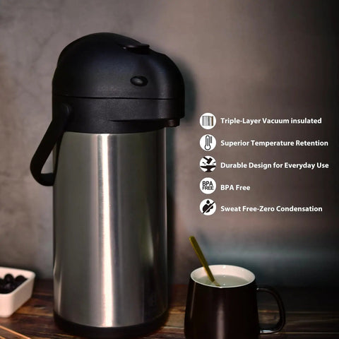 Stainless Steel Thermal Carafe Airpot Large Beverage Dispenser with Triple Wall Vacuum Insulation, black pump top, 5 L