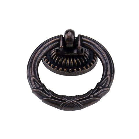 Two Pack Old School Antique Cabinet Ring Pulls Built From Zinc Alloy Durable Vintage Drawer Handles For Cabinets And Dressers Doors And Drawers Includes 2.36x1.89 Inch Size And 0.98 Inch Screw Length, single pull close-up view