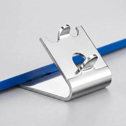 Heavy Duty Stainless Steel Freezer Shelf Clips Set, refrigerator shelf support hook close-up on gray background.
