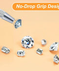 No-Fuss All In One Piercing Ball Grabber Tool Kit With 8 Tapers 14G 16G 18G 20G tool with grip holding gem on orange background