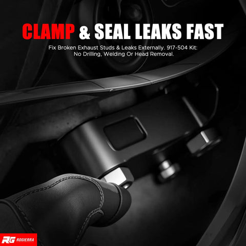 Close-up of Upgraded Passenger Side Exhaust Manifold Clamp Repair Kit For 1997 Through 2016 Ford F150 F250 E150 E350 Truck and Lincoln Navigator.