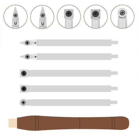 Badass Five Piece Wood Turning Lathe Chisel Set Featuring Rock Solid Tungsten Carbide Tips And Built Tough Square Stainless Handles, showing chisel tips and handles.