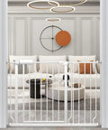 Extra Wide Walk Through Baby Gate 43 To 48 Inches, Pressure Mounted Auto Close, White Metal Barrier in living room doorway
