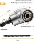 Front view: flexible metal drill bit extension with 105° right-angle joint and long spiral shaft, 11.6-inch length
