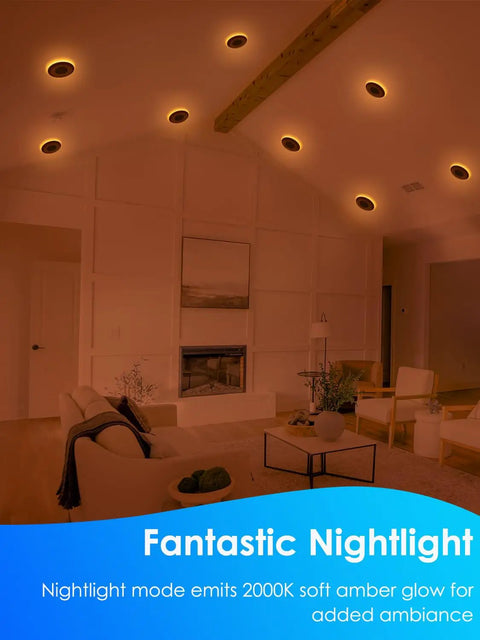 Living room with 5/6 Inch LED Recessed Light Kit With Night Light, Dimmable And Energy Smart, warm glow, 6 Pack installed