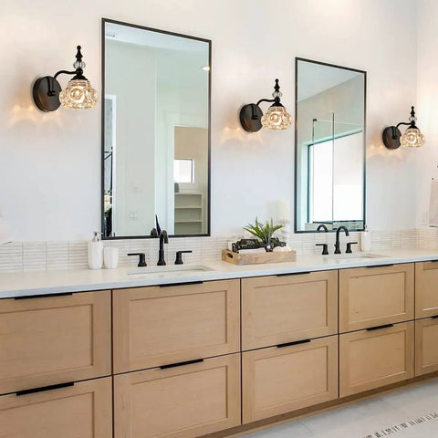 Bathroom with Industrial 1 Light Black Vanity Sconce With Glass Shade Wall Mount Built Tough Sleek Rust Resistant And Durable Uses G9 Bulbs For Bathroom Bedroom Living Room Easy Install