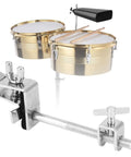 Adjustable Drum Cowbell Mount Holder Clamp For Quick Up Or Down Positioning with silver finish attached to drum set.