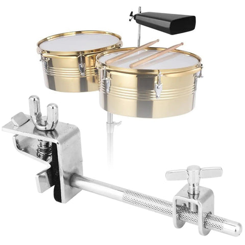 Adjustable Drum Cowbell Mount Holder Clamp For Quick Up Or Down Positioning with silver finish attached to drum set.