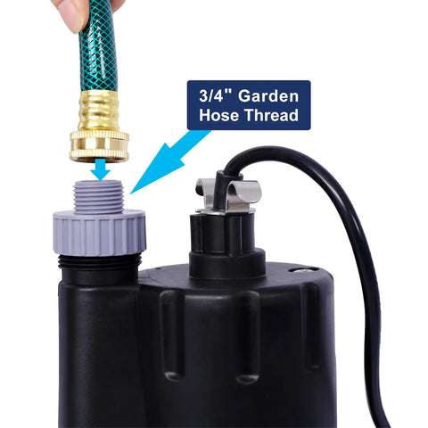 Heavy Duty Submersible Sump Pump 1/3HP 2500GPH Hauls Water Smooth With 10 Ft Cord showing 3/4" garden hose thread connection.