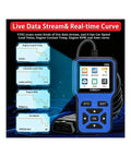 No Nonsense OBD2 Diagnostic Scanner And Code Reader For Electric Cars displaying live data stream options and scan tool features.