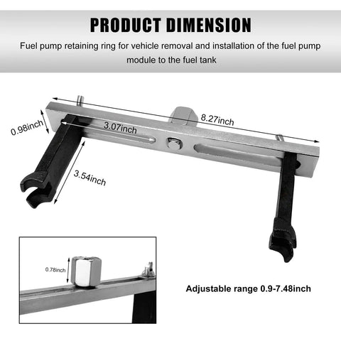 Dimensions of Adjustable Fuel Pump Lock Ring Tool For Easy Removal And Installation, Universal Alloy Steel Repair Kit, shown with measurements.