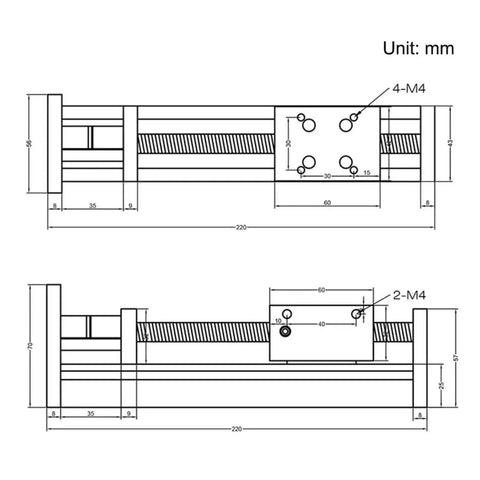 SFU1605 Square Linear Rail With Ballscrew Kit For CNC Router X Y Z Axis Actuator NEMA17 Compatible 0 To 55N Motor 100mm Stroke dimensions diagram