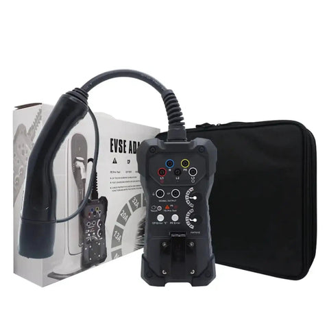 EVSE Charger Tester For Electric Vehicle Charging Stations Plug And Play Simulation Adapter Trigger Quick Response Diagnostics Juiced Up Testing Kit Straight Shooter Station Analyzer with testing unit and carrying case.
