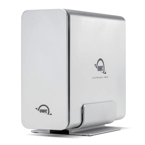 Tough Aluminum Four Slot Nvme M.2 Ssd Enclosure With Blazing Usb4 Kick Thunderbolt Sync, silver chassis with stand.