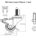 Technical drawing of one inch caster wheels with threaded stem M6 x 15 mm set of 4 with brakes TPE rubber rolling casters for furniture