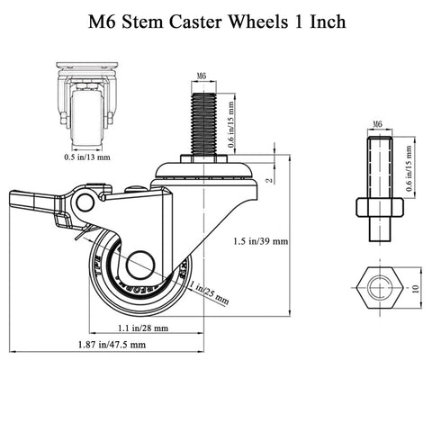 Technical drawing of one inch caster wheels with threaded stem M6 x 15 mm set of 4 with brakes TPE rubber rolling casters for furniture