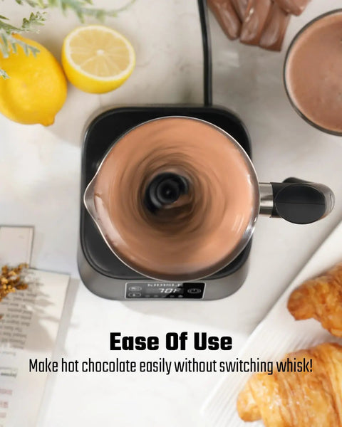 Top view of 5 In 1 Milk Frother And Steamer With Adjustable Temperature 17 Oz Detachable Frother making hot chocolate.