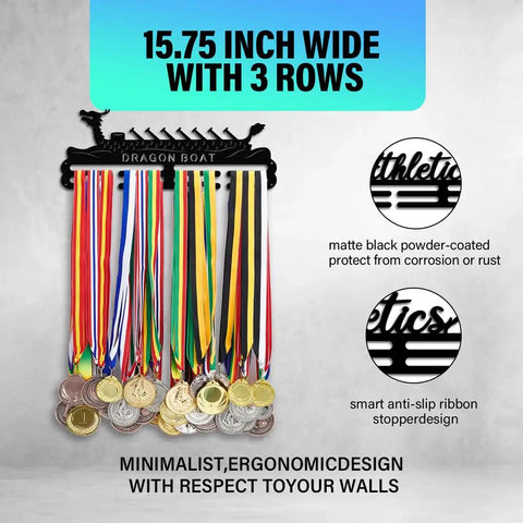 Dragon Boat Medal Display Hanger Wall Mount Holds 60 Plus Medals Metal Rack For Athletes Men with tiered ribbon holder