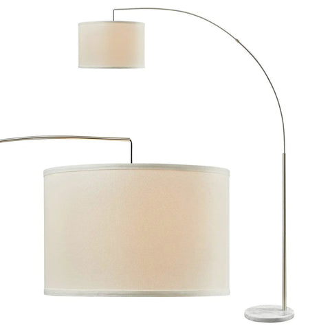 Modern Arc Floor Lamp With Brushed Steel Arch And Silver Finish Hanging Drum Shade Over Sofa For Reading In Living Room Or Bedroom Corner Standing Light To Add Cozy Glow And Contemporary Style
