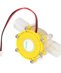 Front view of Mini Micro Hydro Water Flow Generator For DIY Power Converts Water Flow Into Electricity With 5V 12V And 80V Outputs Durable Hydroelectric Turbine Pump For Off Grid Energy Projects Or Educational Experiments, featuring yellow casing, clear plastic connectors, and wiring.