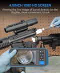 Rigid Rifle Borescope With 4.5 Inch HD Screen And 26 Inch Insertion Tube 0.2 Inch Probe Fits.20 Caliber And Larger Rifles 1080P Video On 32 GB SD Card For Quick Gun Cleaning And Barrel Check For Accurate Shooting Prep. handheld screen showing rifle barrel inspection