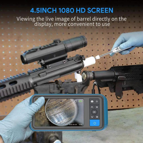 Rigid Rifle Borescope With 4.5 Inch HD Screen And 26 Inch Insertion Tube 0.2 Inch Probe Fits.20 Caliber And Larger Rifles 1080P Video On 32 GB SD Card For Quick Gun Cleaning And Barrel Check For Accurate Shooting Prep. handheld screen showing rifle barrel inspection