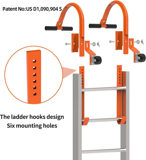 Two Pack Roof Ladder Hooks With Wheel Stabilizers For Built Tough Steel Support, Roof Ridge Extension shown on ladder.