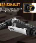 Lightweight One Quarter Inch Air Powered Right Angle Die Grinder Delivers Badass Pneumatic Muscle At Twenty Thousand Rpm with rear exhaust feature.