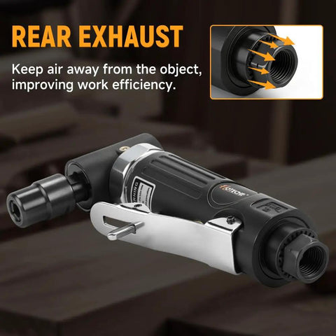 Lightweight One Quarter Inch Air Powered Right Angle Die Grinder Delivers Badass Pneumatic Muscle At Twenty Thousand Rpm with rear exhaust feature.
