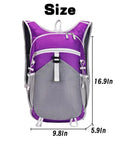 Purple and gray 30L Hydration Ready Hiking Backpack For Men And Women, All Day Lightweight Day Pack dimensions shown 9.8x5.9x16.9 inches.