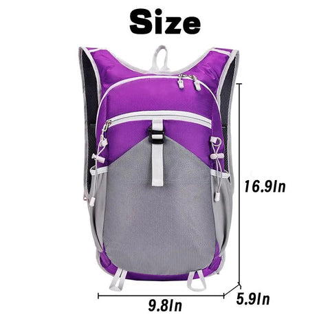 Purple and gray 30L Hydration Ready Hiking Backpack For Men And Women, All Day Lightweight Day Pack dimensions shown 9.8x5.9x16.9 inches.