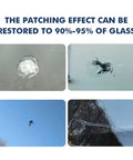 Close-up before and after of Windshield Crack Repair Kit with 20ml Resin, showing chip and star-shaped crack restoration on auto glass.