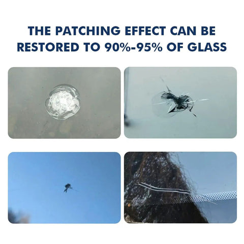 Close-up before and after of Windshield Crack Repair Kit with 20ml Resin, showing chip and star-shaped crack restoration on auto glass.