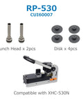 Replacement Punch Kit For Heavy Duty Two Hole Punches Includes Two Hardened Punch Heads Four Plastic Disks And One Quarter Inch Hole Capability Compatible With Model XHC 230 Built For Quick Durable Punching That Your Office Needs displayed with components and compatibility details.