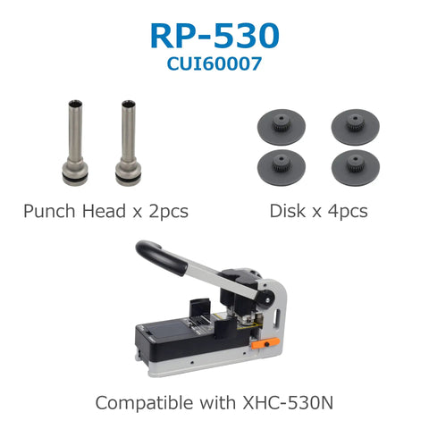 Replacement Punch Kit For Heavy Duty Two Hole Punches Includes Two Hardened Punch Heads Four Plastic Disks And One Quarter Inch Hole Capability Compatible With Model XHC 230 Built For Quick Durable Punching That Your Office Needs displayed with components and compatibility details.