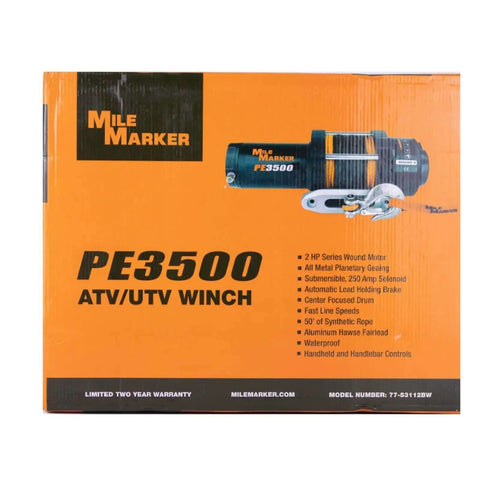 Box of PE3500 3500 Lb ATV Winch With 50 Ft Synthetic Rope Waterproof 2.4 HP Permanent Magnet Motor And Automatic Load Holding Brake